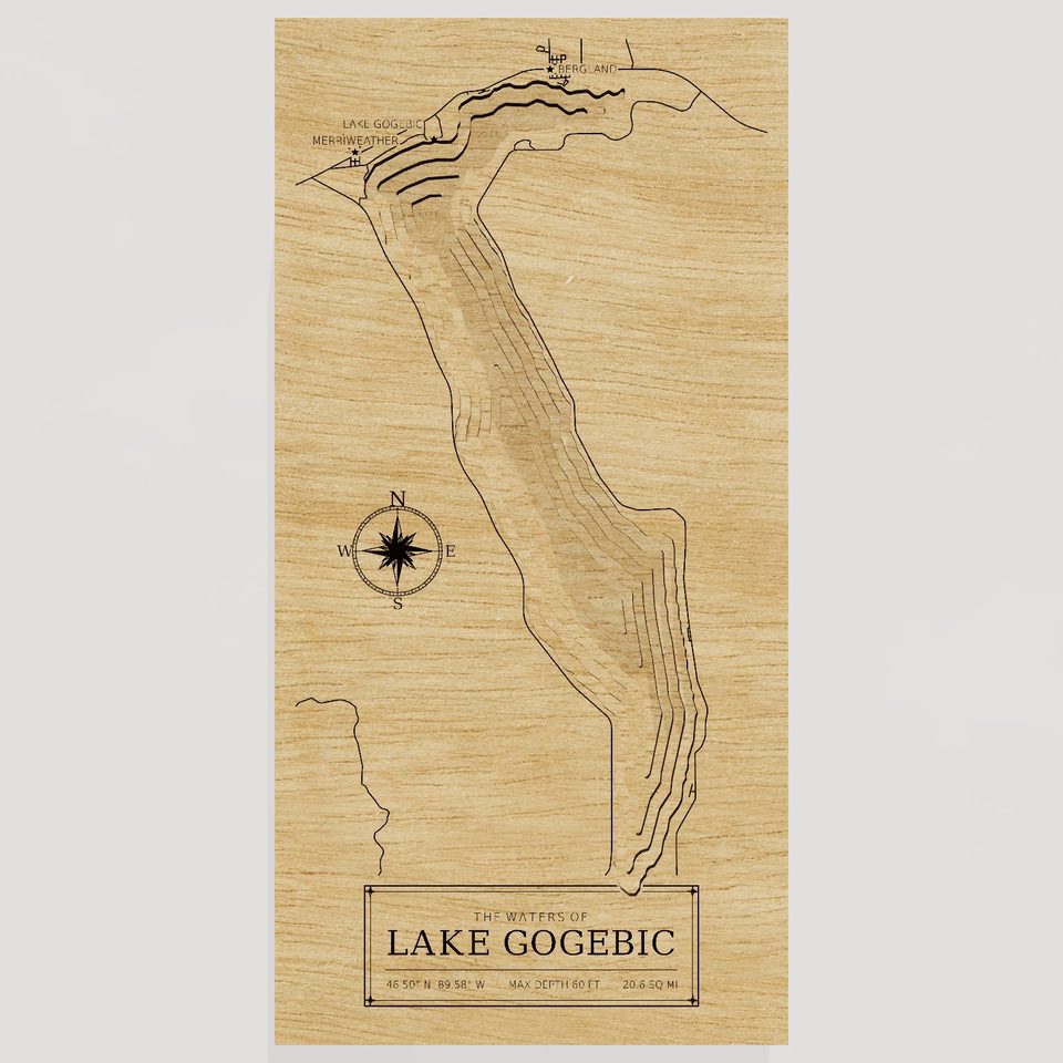 Lake Gogebic 3D wood map, front view