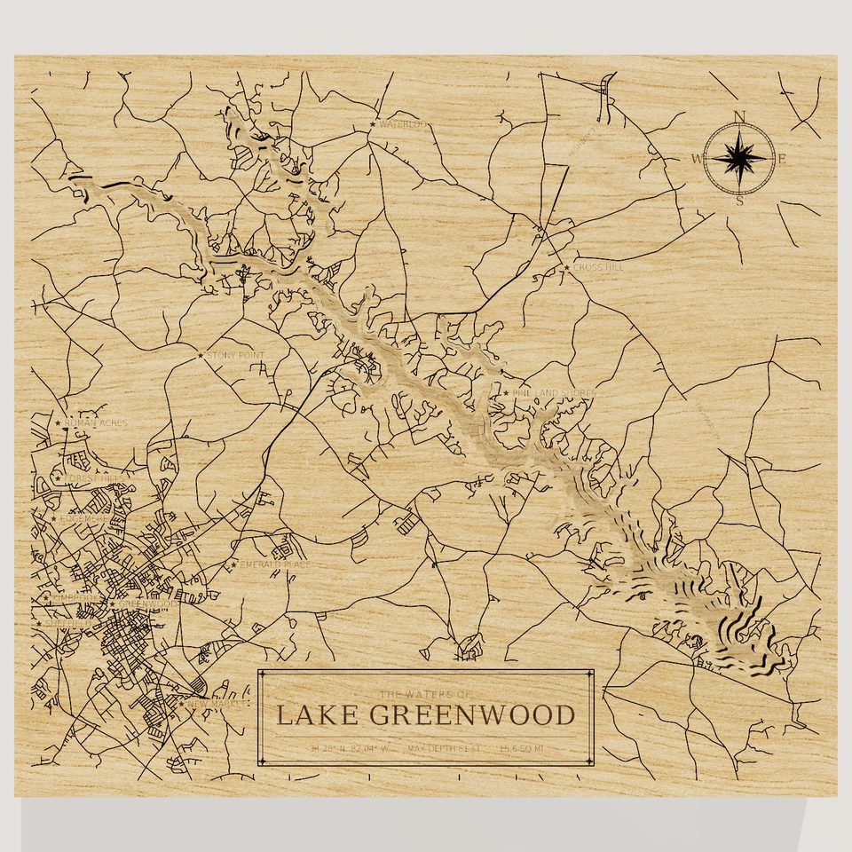 Lake Greenwood 3D wood map, front view
