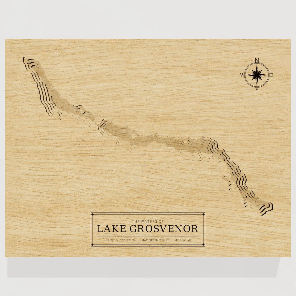 Lake Grosvenor 3D wood map, front view