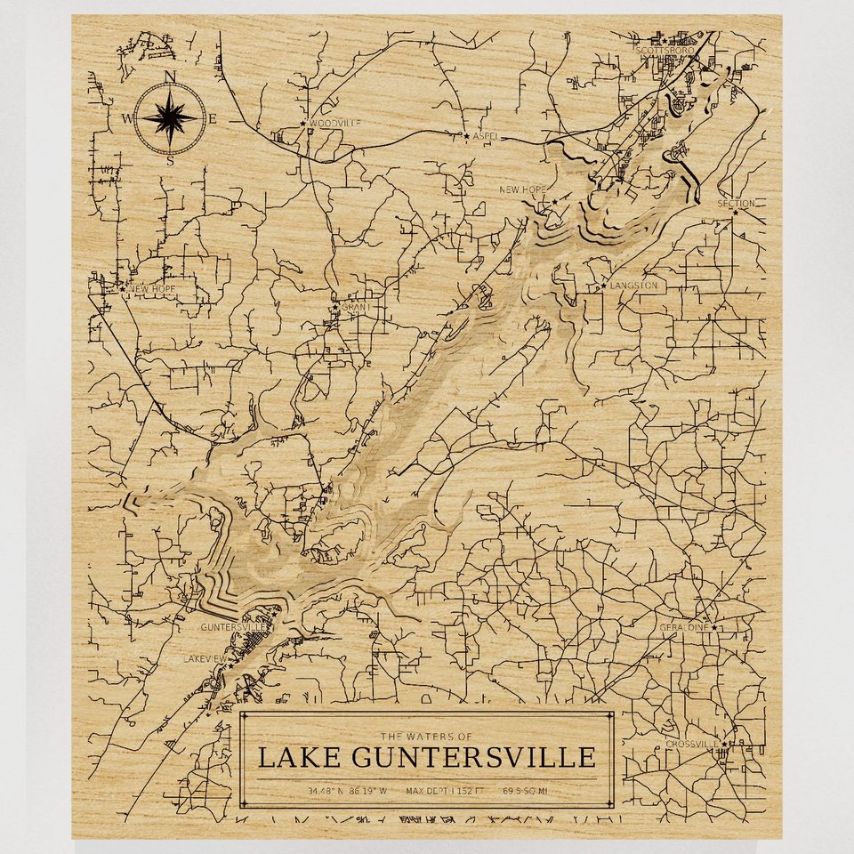 Lake Guntersville 3D wood map, front view