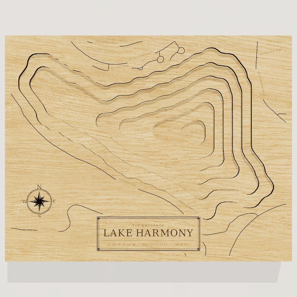 Lake Harmony 3D wood map, front view