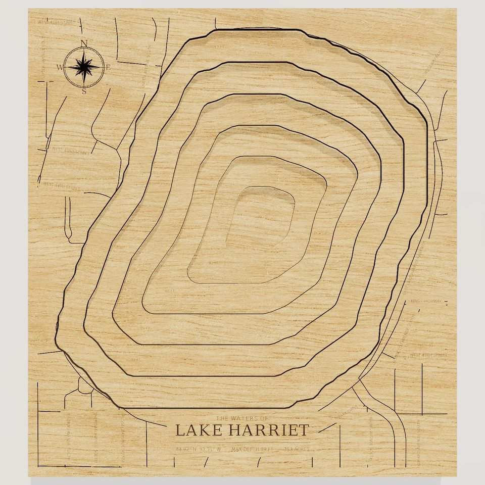 Lake Harriet 3D wood map, front view
