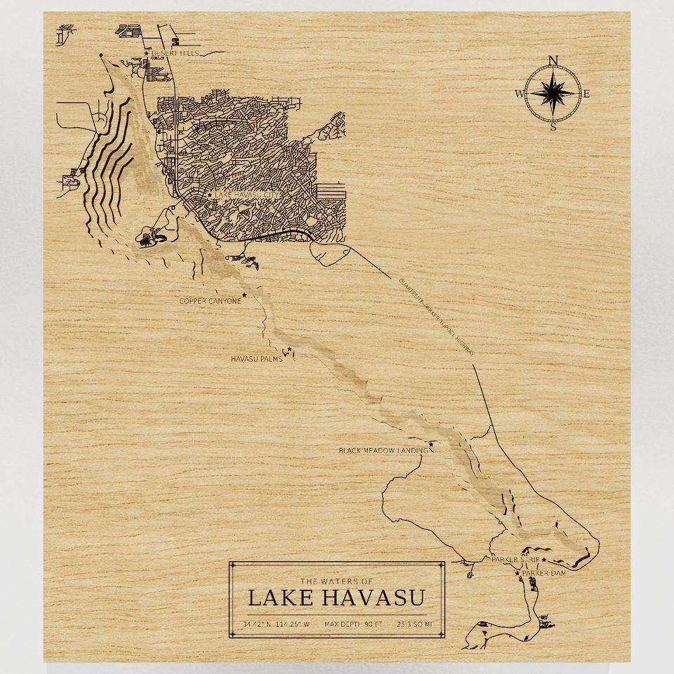 Lake Havasu 3D wood map, front view
