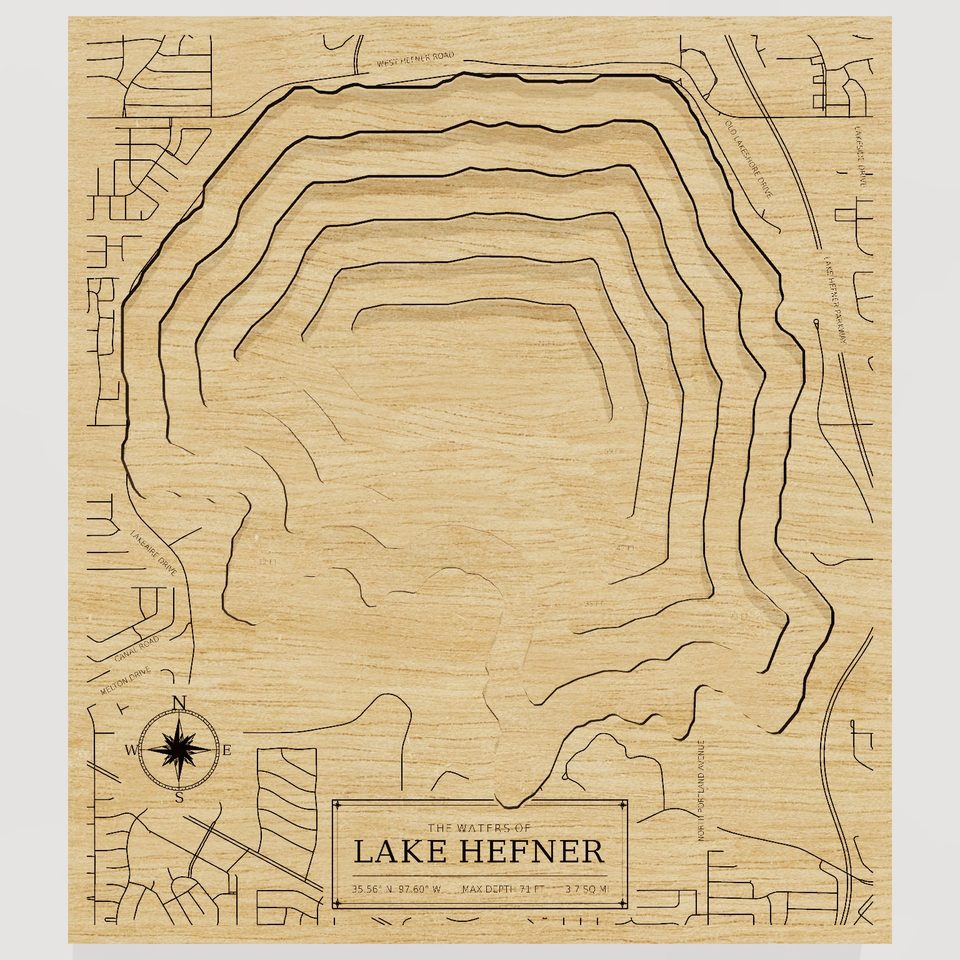 Lake Hefner 3D wood map, front view