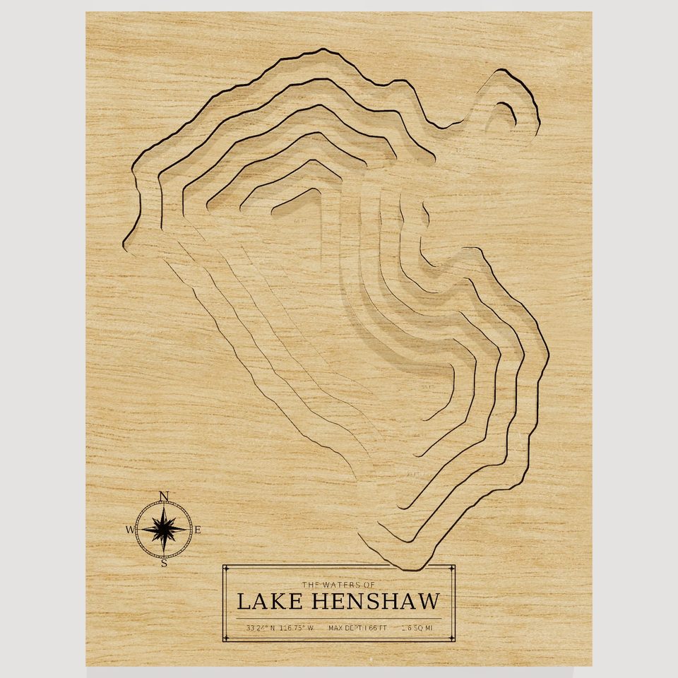 Lake Henshaw 3D wood map, front view