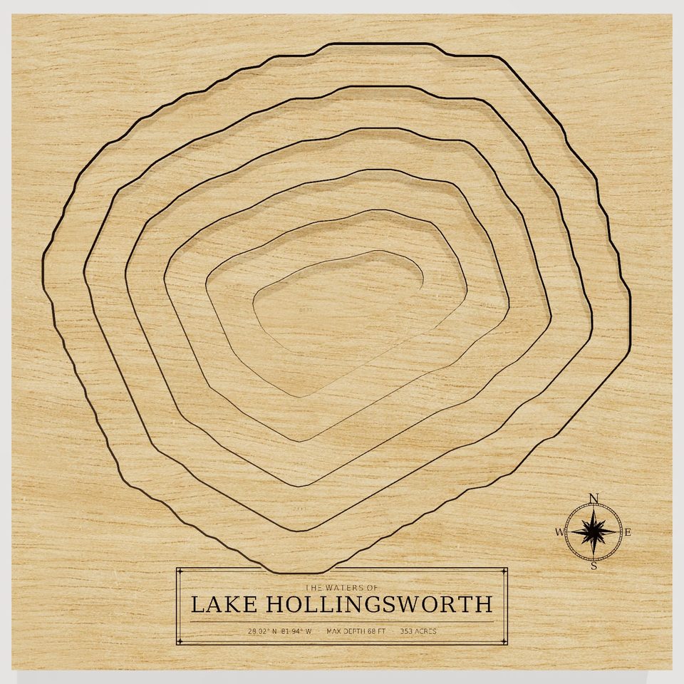 Lake Hollingsworth 3D wood map, front view