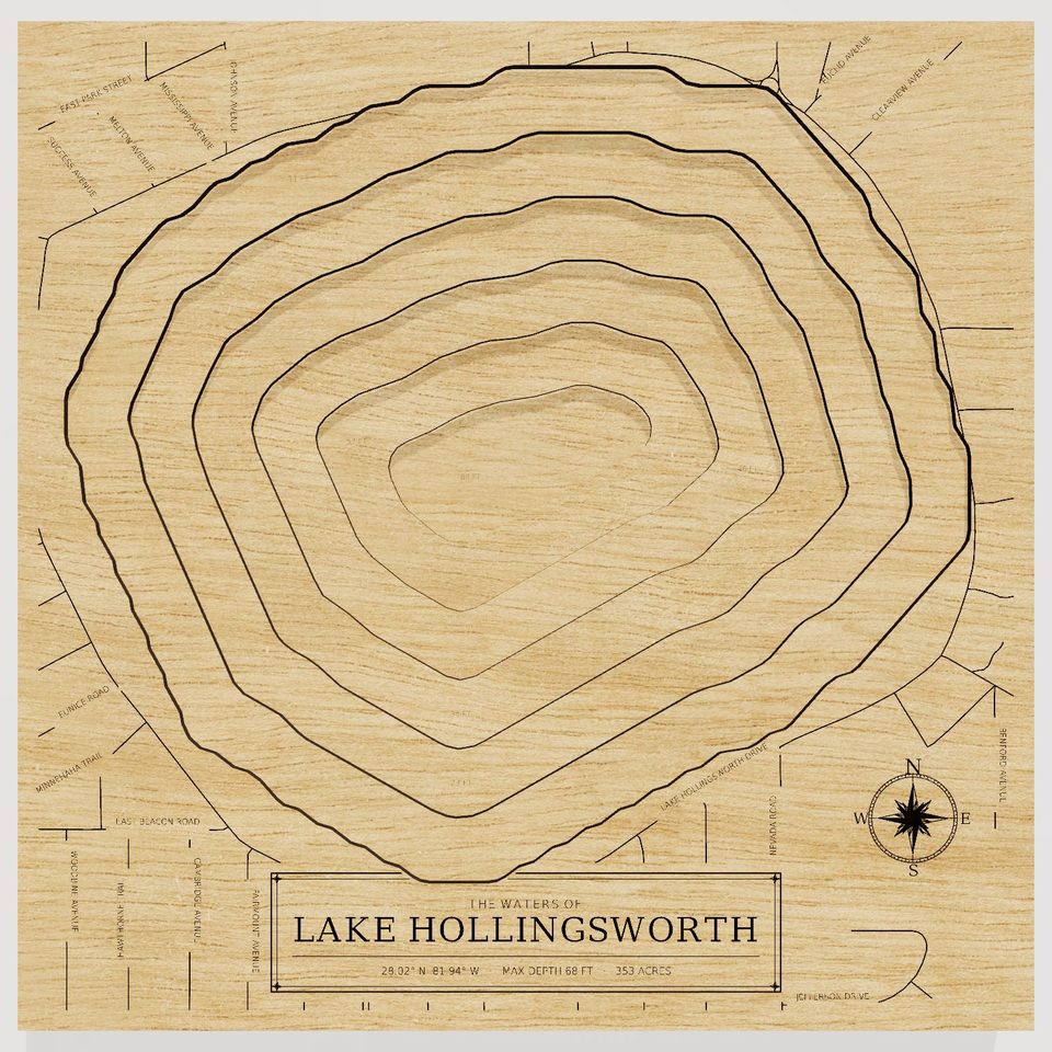 Lake Hollingsworth 3D wood map, front view