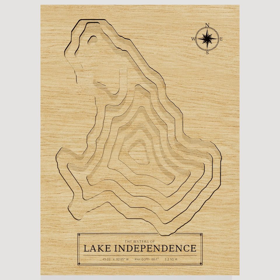 Lake Independence 3D wood map, front view