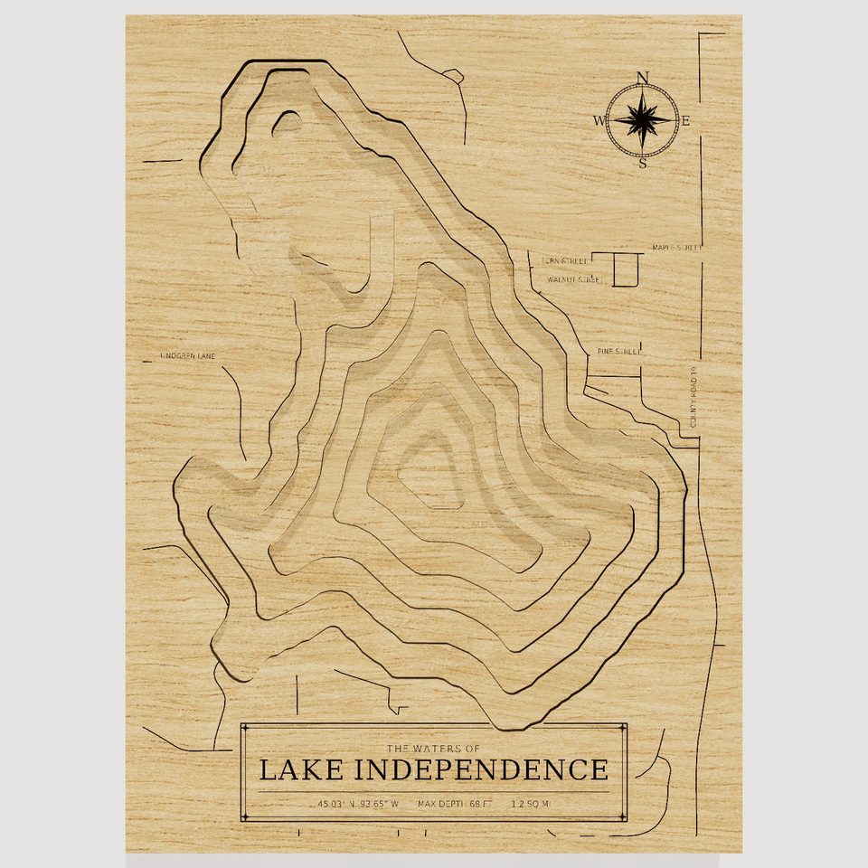 Lake Independence 3D wood map, front view