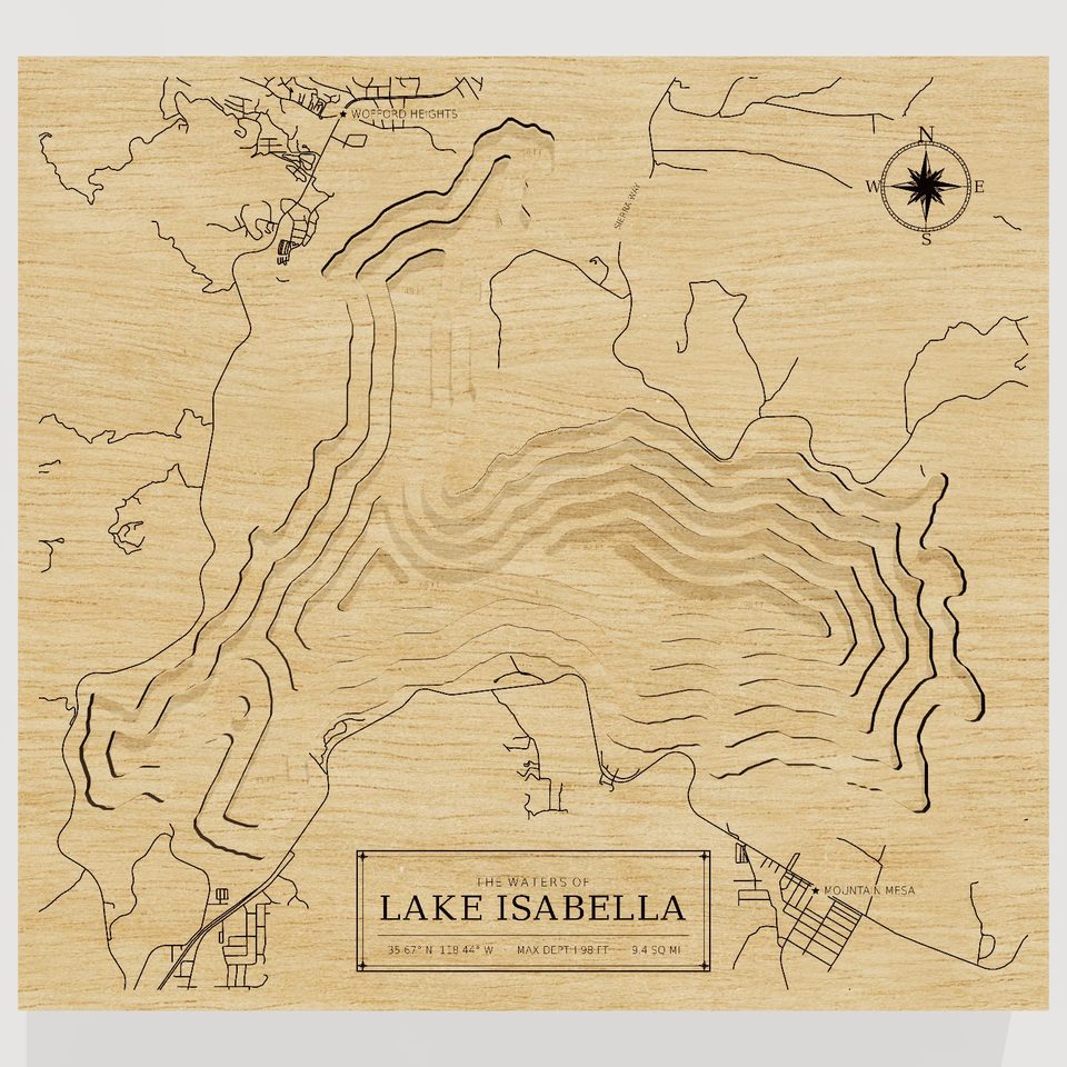 Lake Isabella 3D wood map, front view
