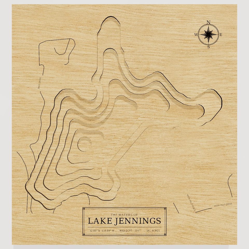 Lake Jennings 3D wood map, front view