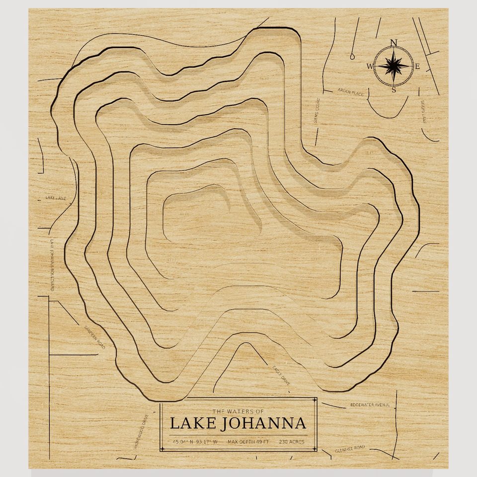 Lake Johanna 3D wood map, front view