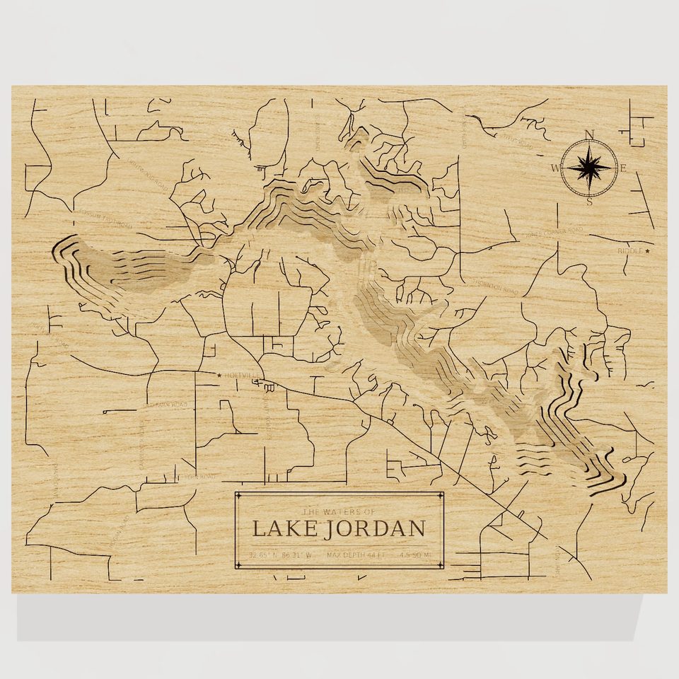 Lake Jordan 3D wood map, front view