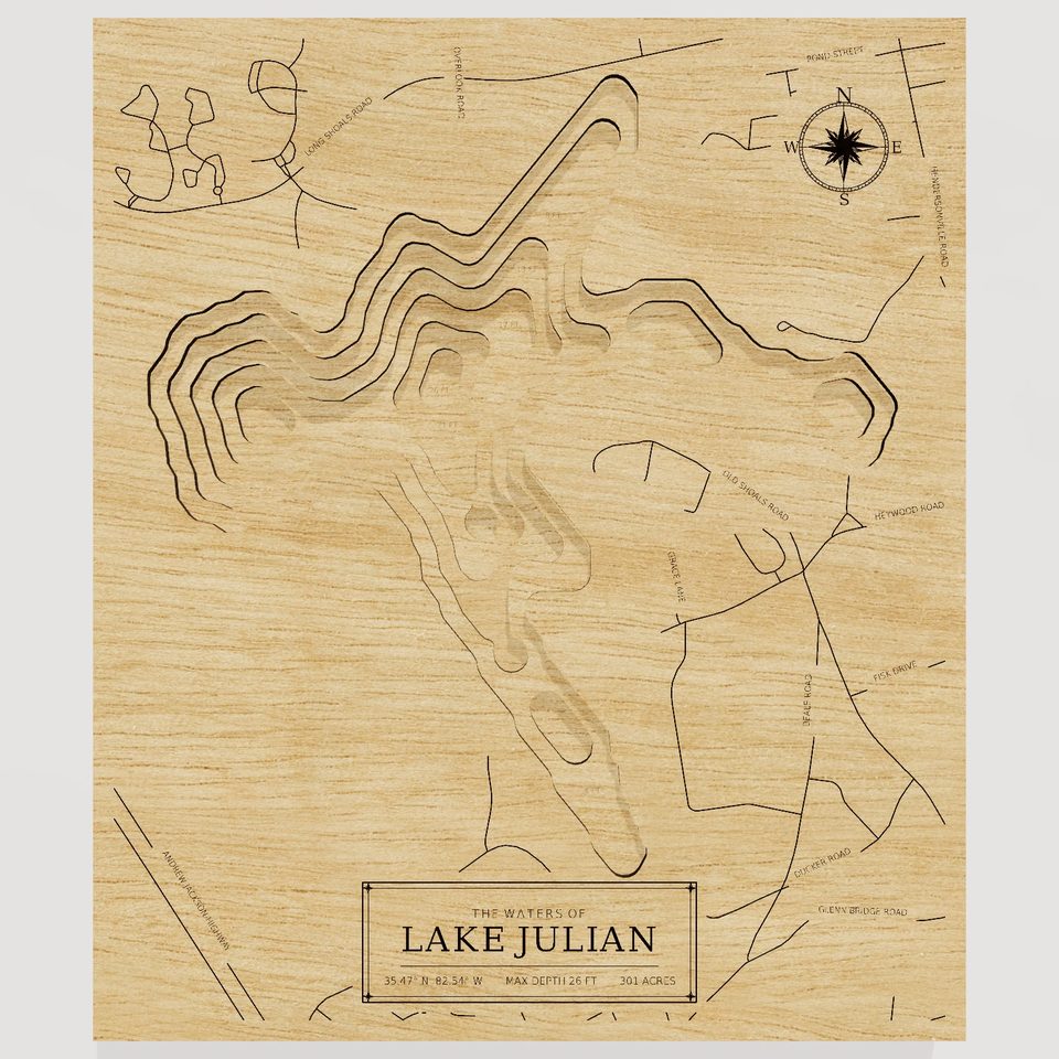 Lake Julian 3D wood map, front view