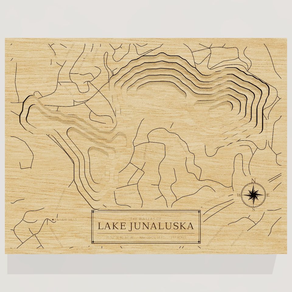 Lake Junaluska 3D wood map, front view