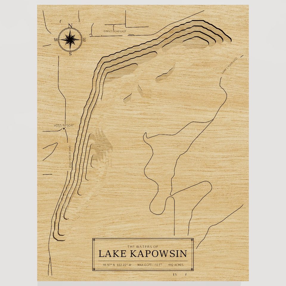Lake Kapowsin 3D wood map, front view