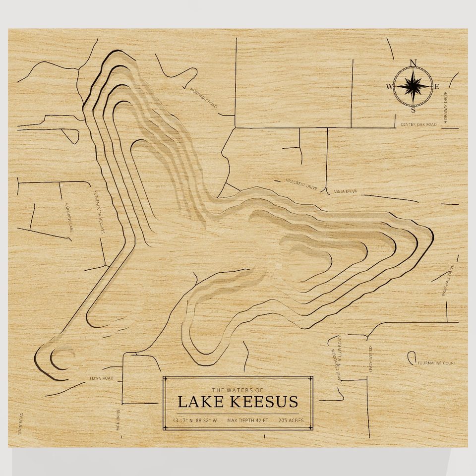 Lake Keesus 3D wood map, front view