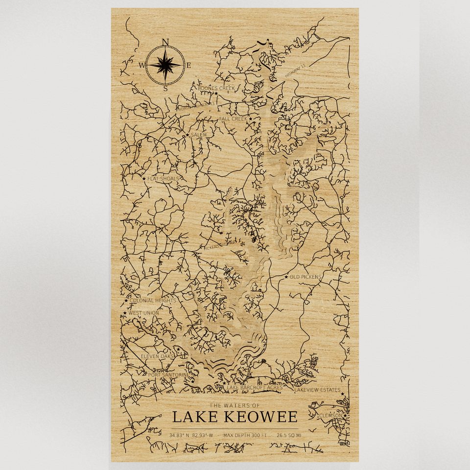 Lake Keowee 3D wood map, front view