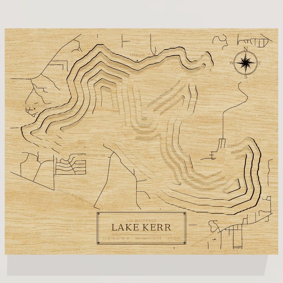 Lake Kerr 3D wood map, front view
