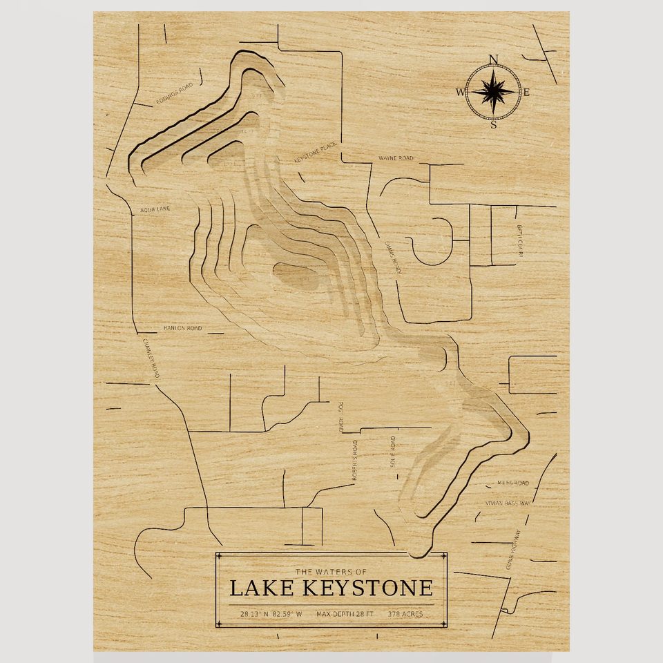 Lake Keystone 3D wood map, front view
