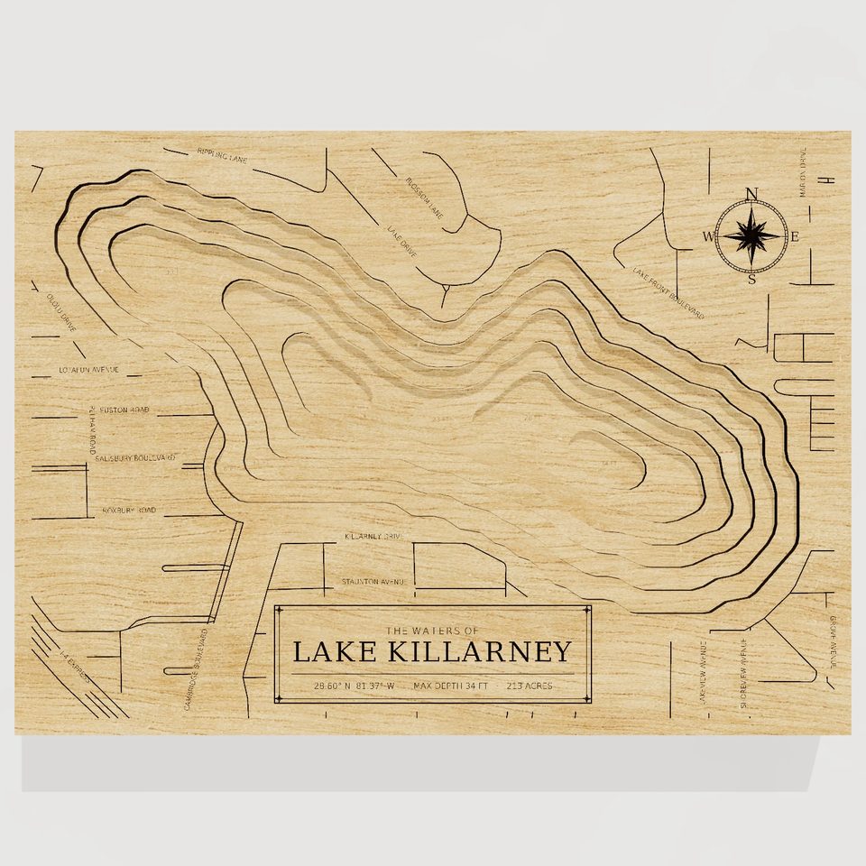 Lake Killarney 3D wood map, front view