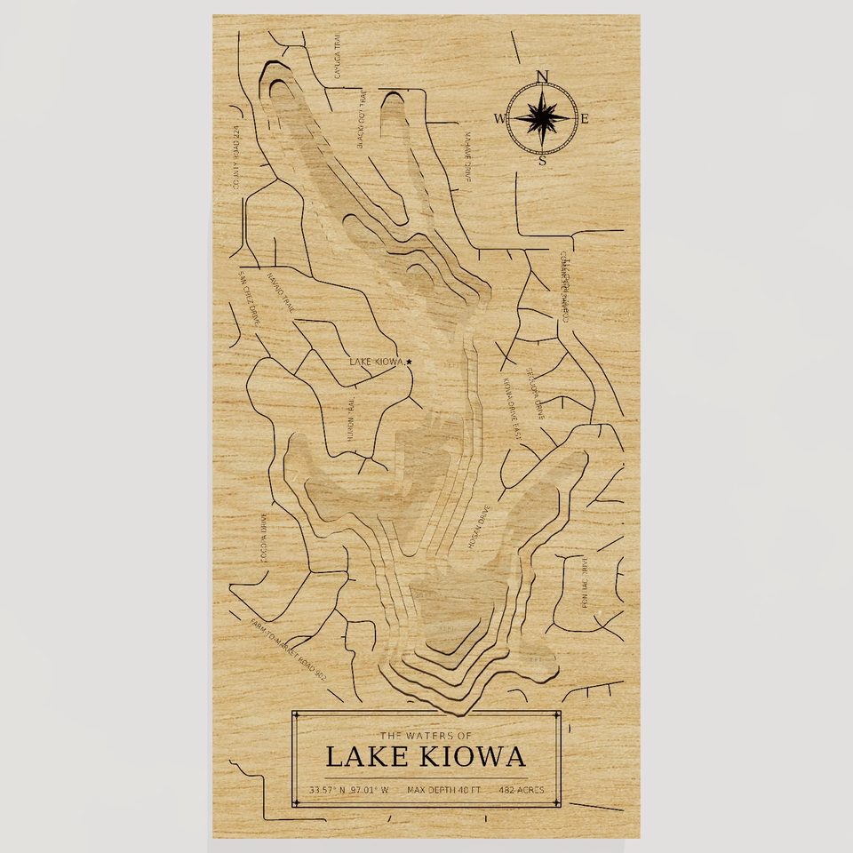 Lake Kiowa 3D wood map, front view