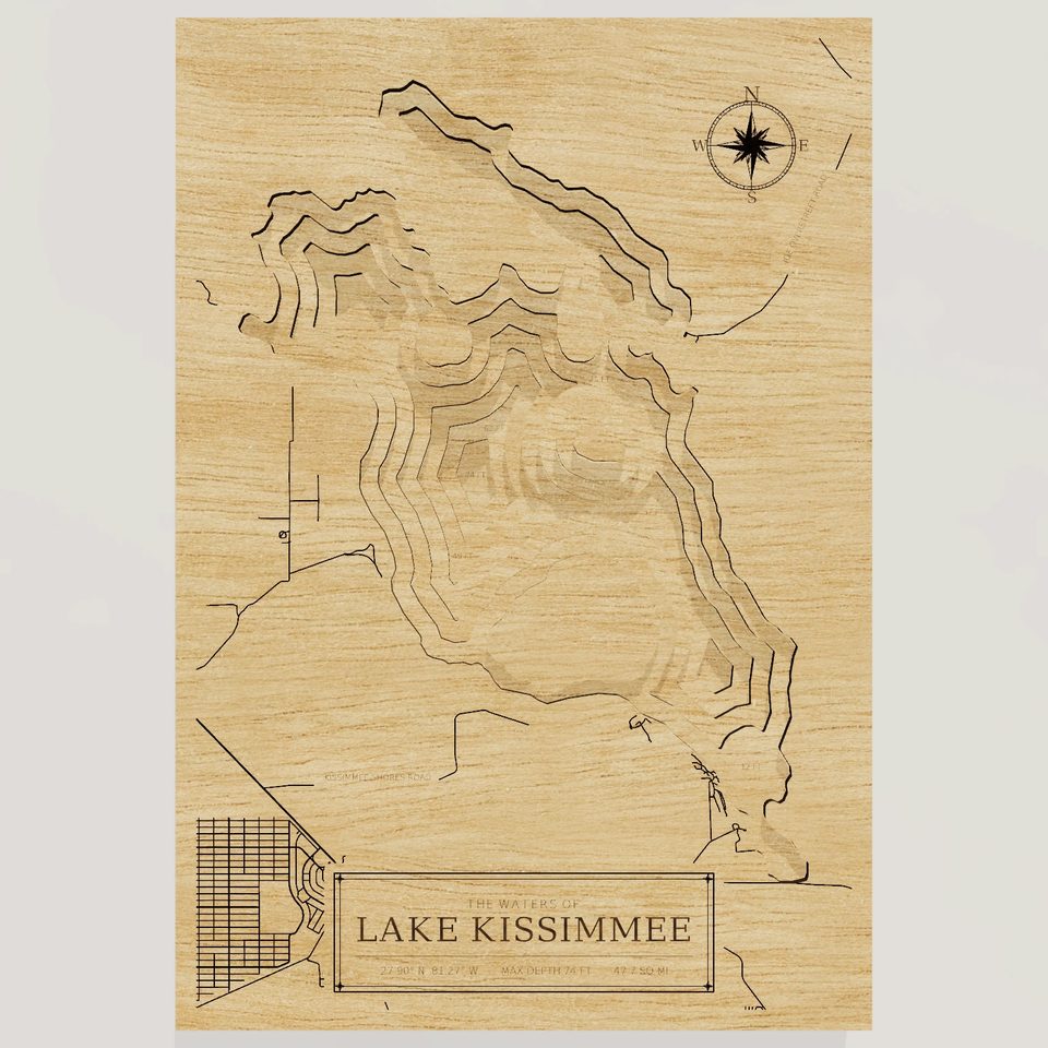 Lake Kissimmee 3D wood map, front view