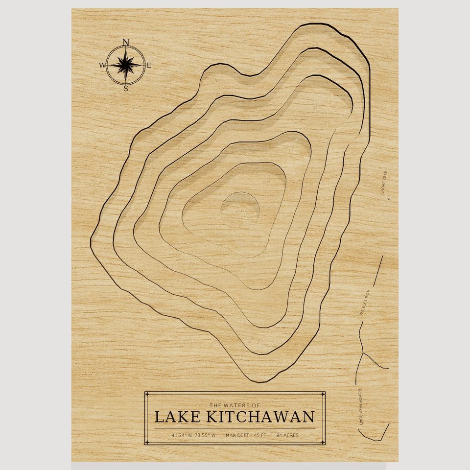 Lake Kitchawan 3D wood map, front view