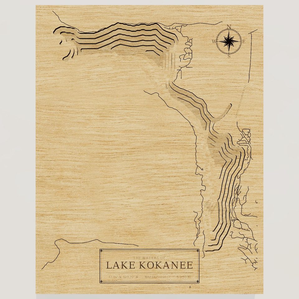 Lake Kokanee 3D wood map, front view