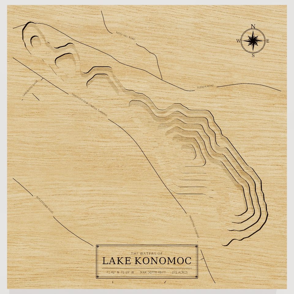 Lake Konomoc 3D wood map, front view