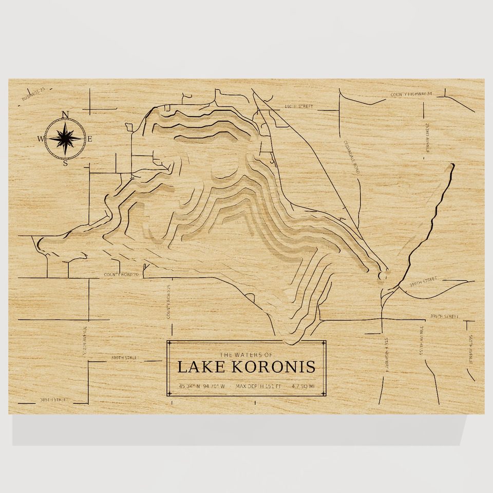 Lake Koronis 3D wood map, front view