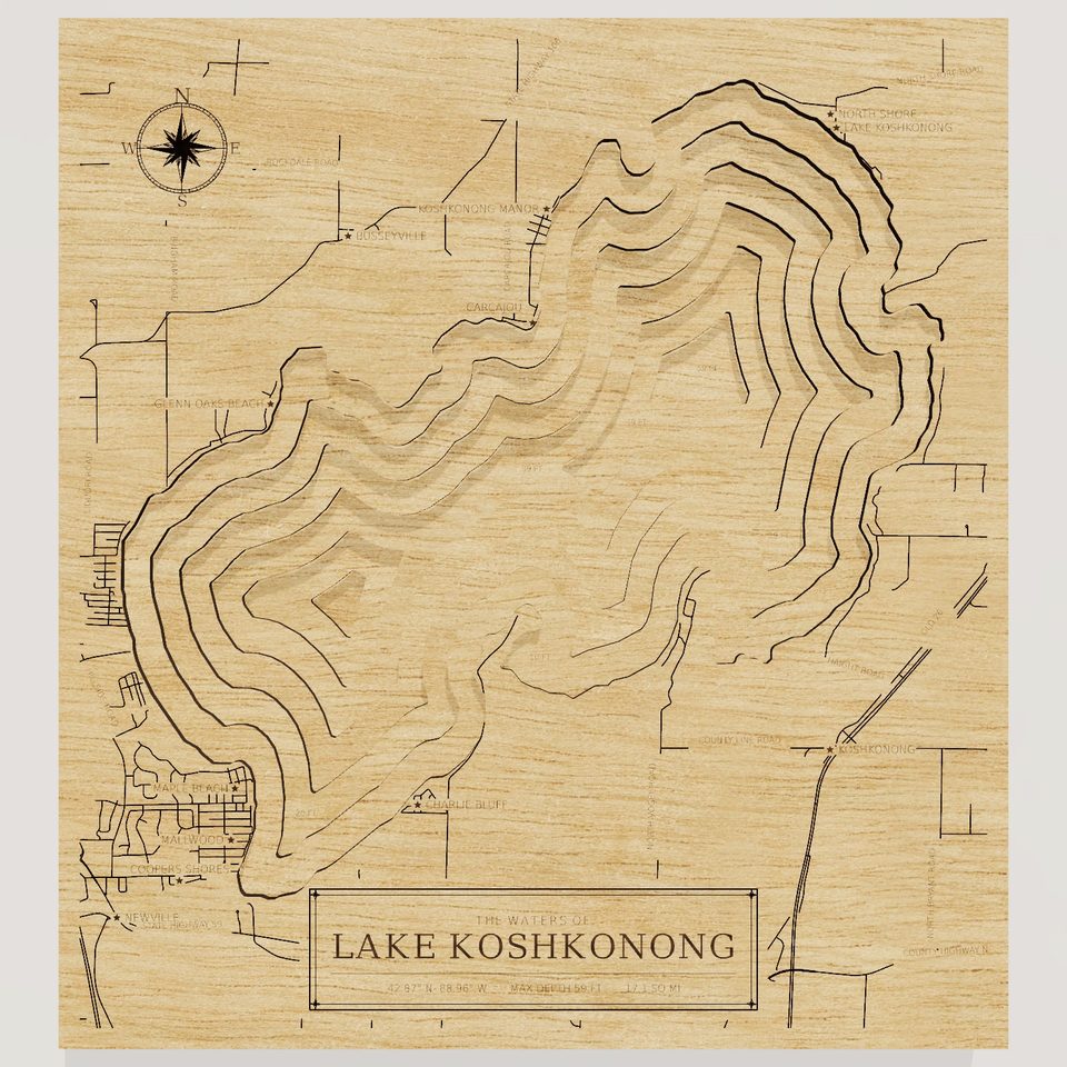 Lake Koshkonong 3D wood map, front view
