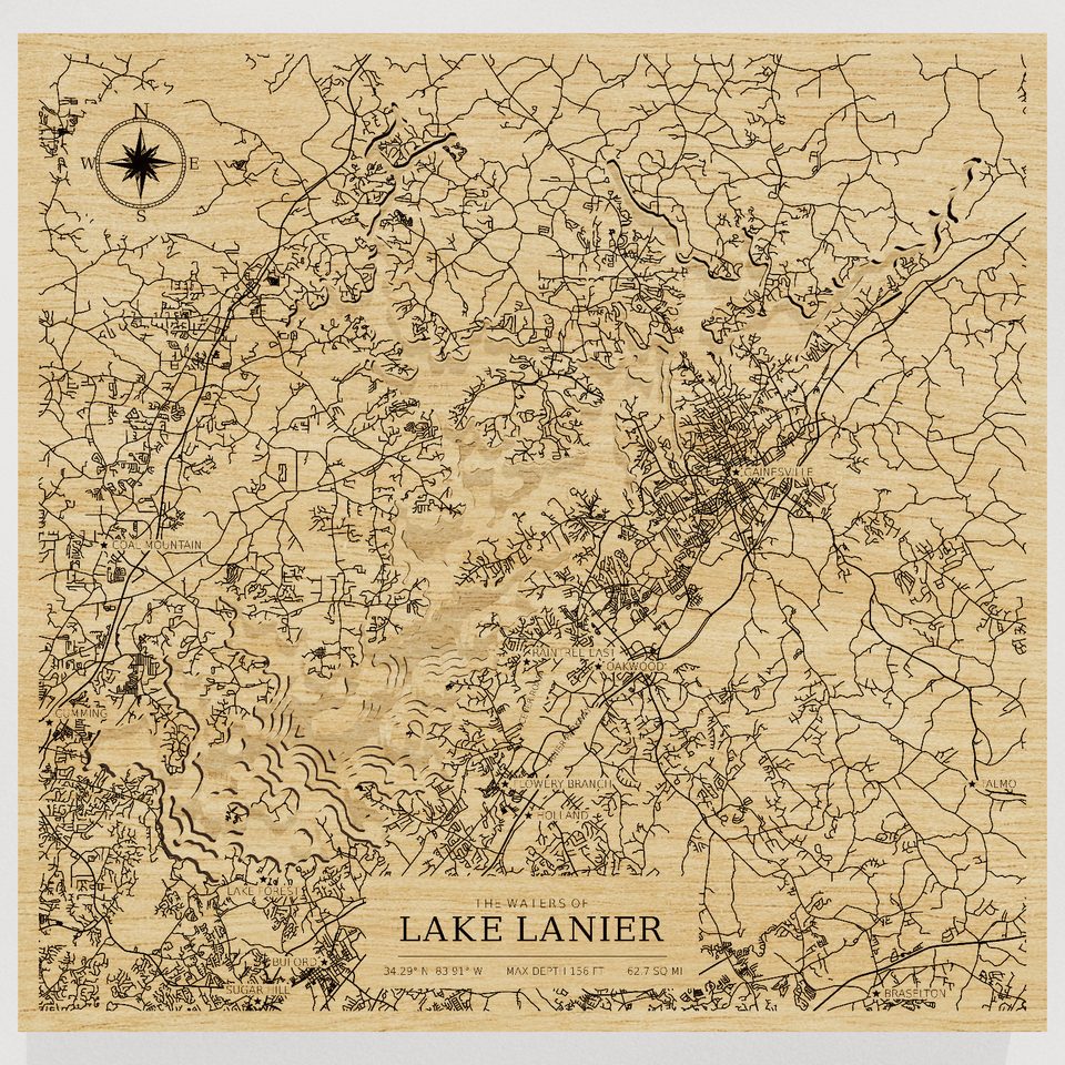 Lake Lanier 3D wood map, front view