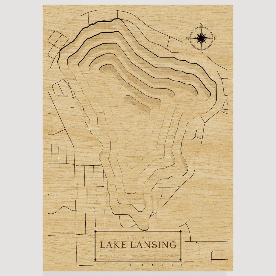 Lake Lansing 3D wood map, front view