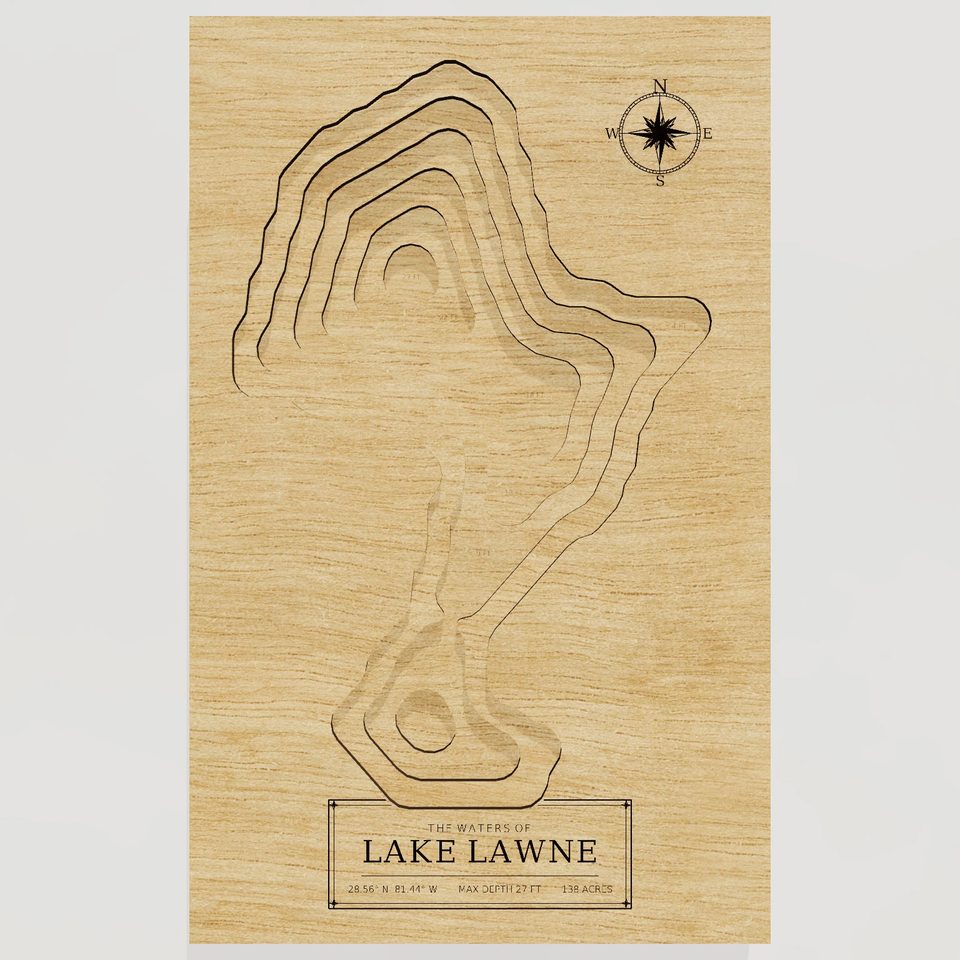 Lake Lawne 3D wood map, front view