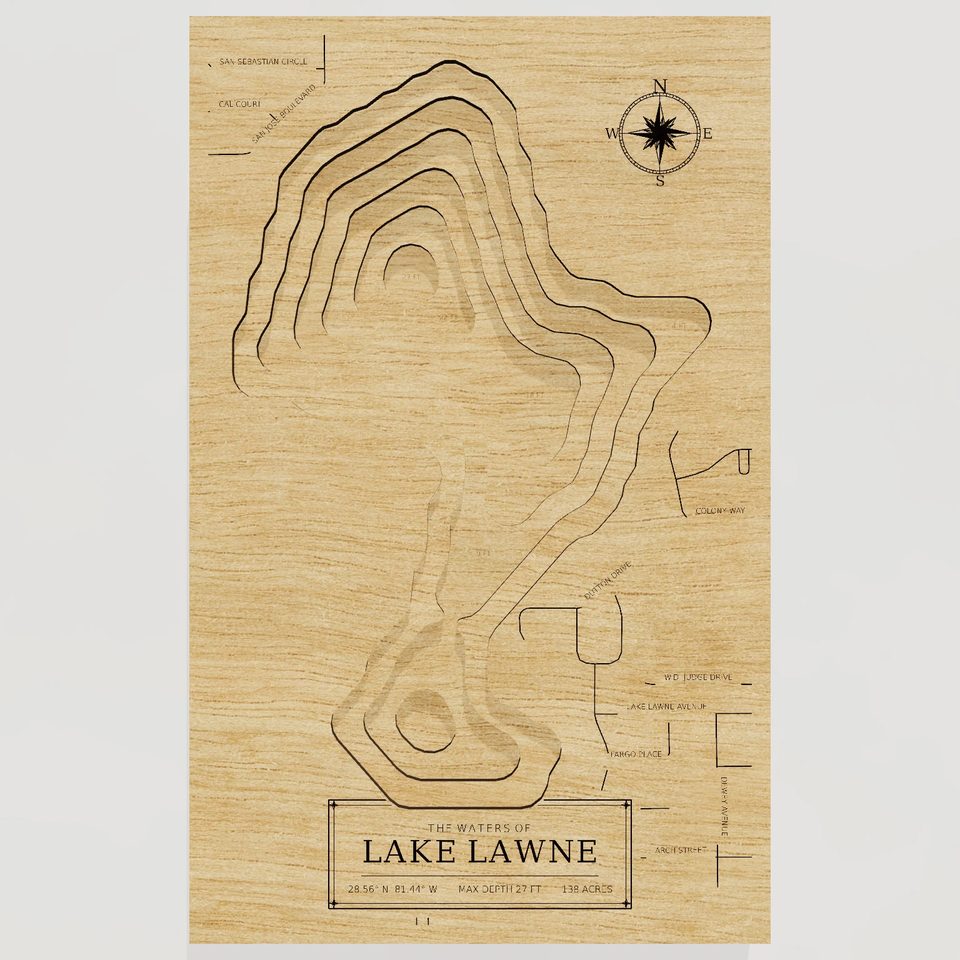 Lake Lawne 3D wood map, front view