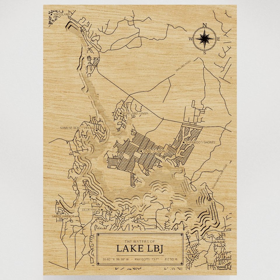 Lake LBJ 3D wood map, front view