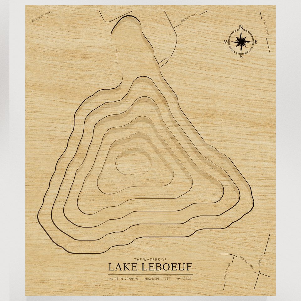 Lake LeBoeuf 3D wood map, front view