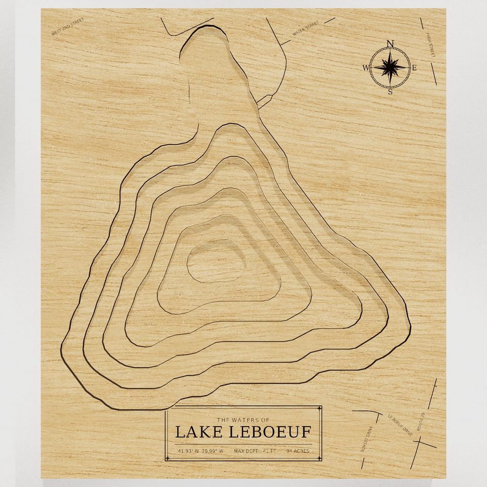 Lake LeBoeuf 3D wood map, front view