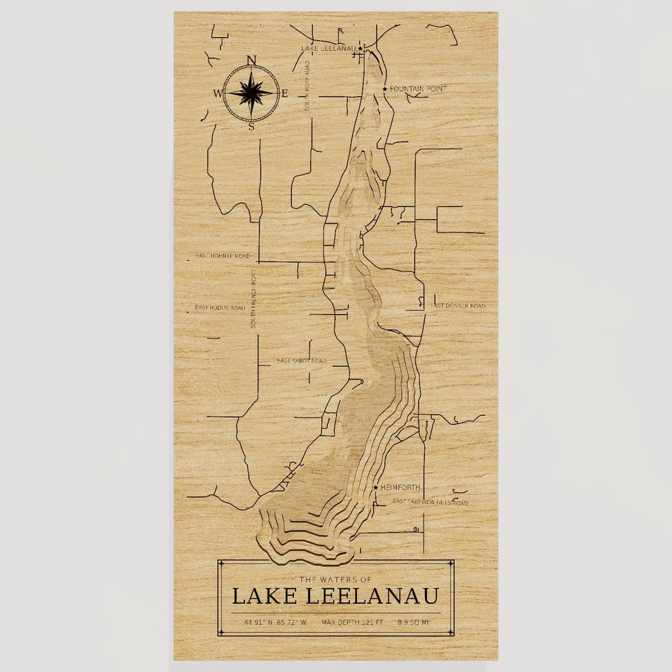 Lake Leelanau 3D wood map, front view