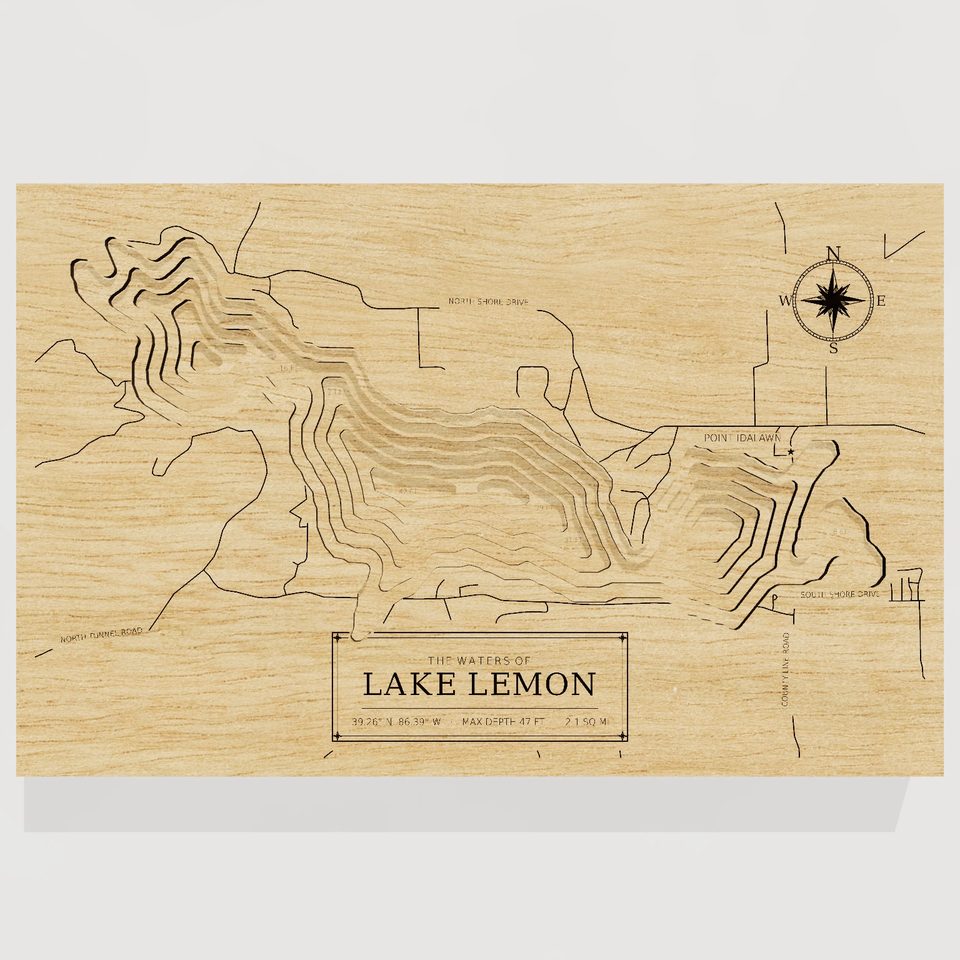 Lake Lemon 3D wood map, front view