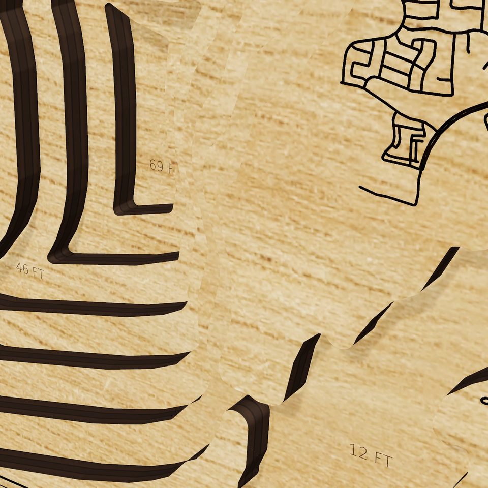 Lake Lewisville 3D wood map, detail view