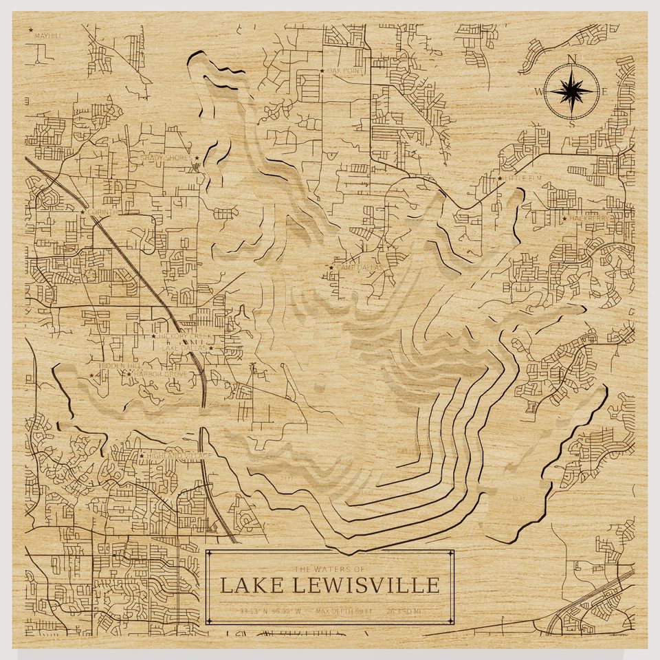 Lake Lewisville 3D wood map, front view