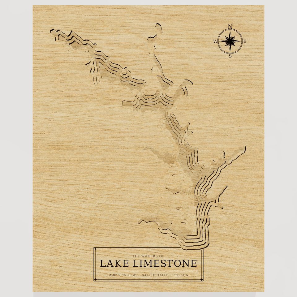 Lake Limestone 3D wood map, front view
