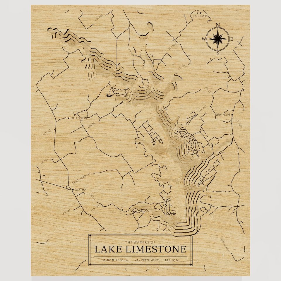 Lake Limestone 3D wood map, front view