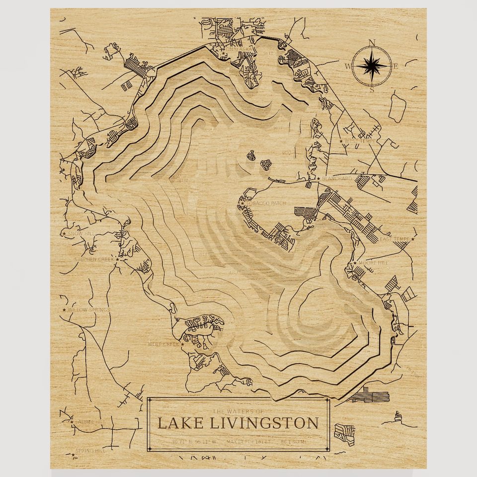 Lake Livingston 3D wood map, front view