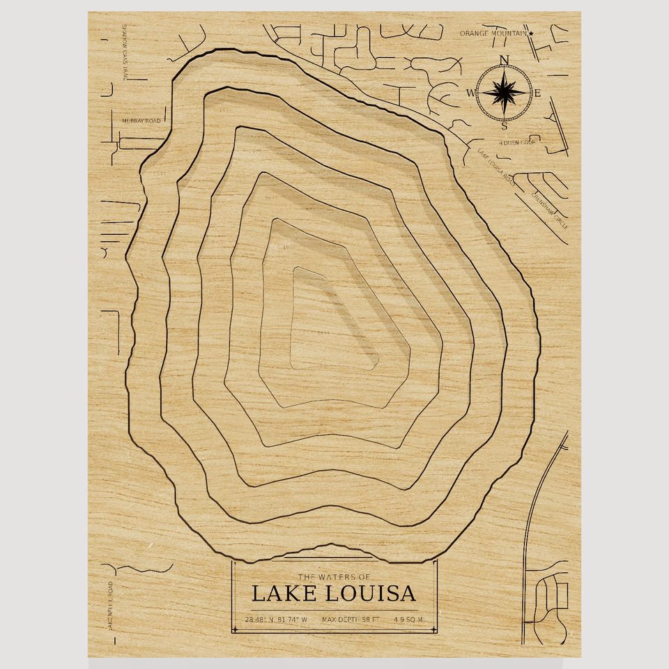 Lake Louisa 3D wood map, front view