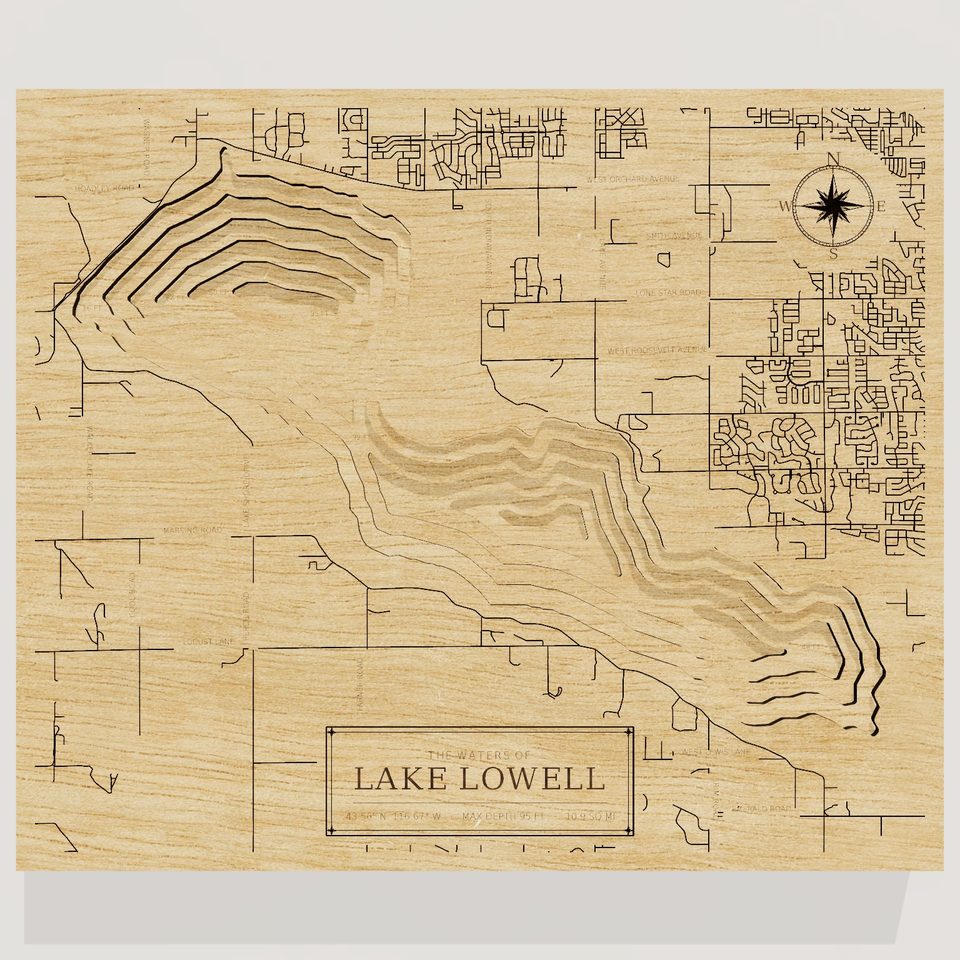 Lake Lowell 3D wood map, front view