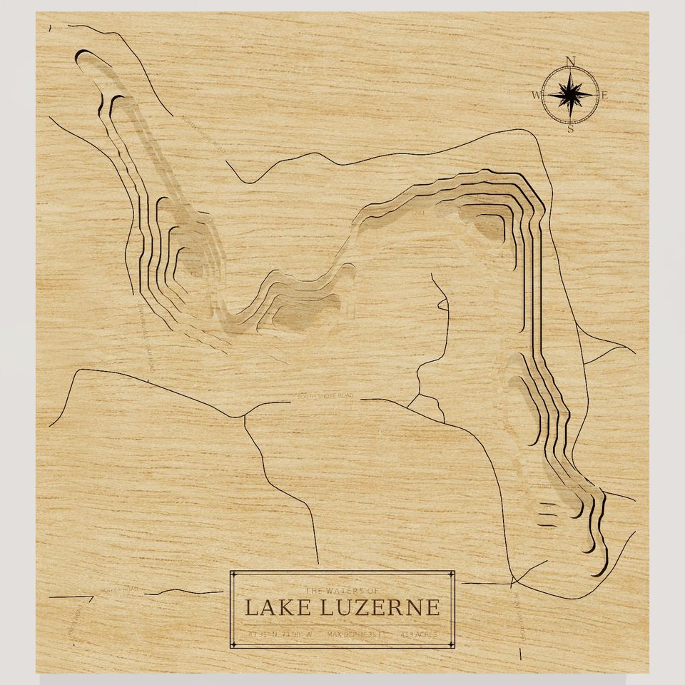 Lake Luzerne 3D wood map, front view