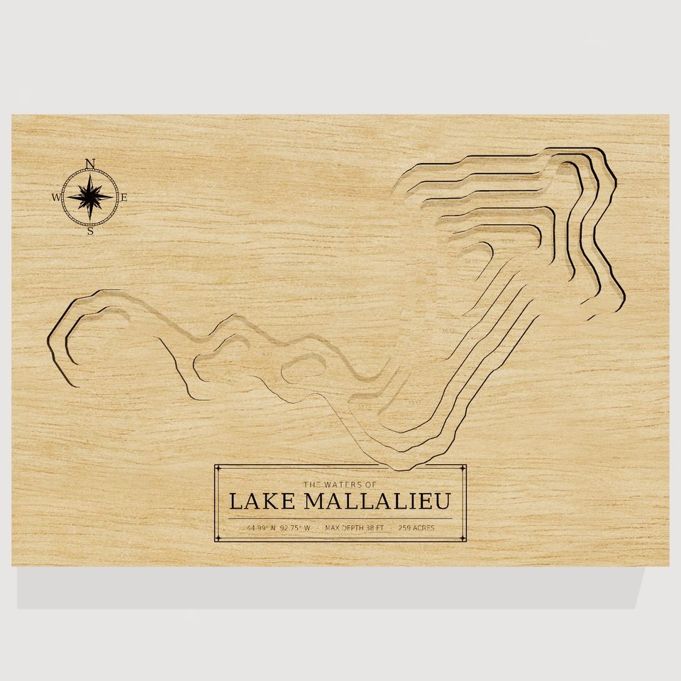 Lake Mallalieu 3D wood map, front view